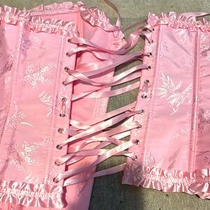 Pink Lace-Up Corset with Floral Embroidery